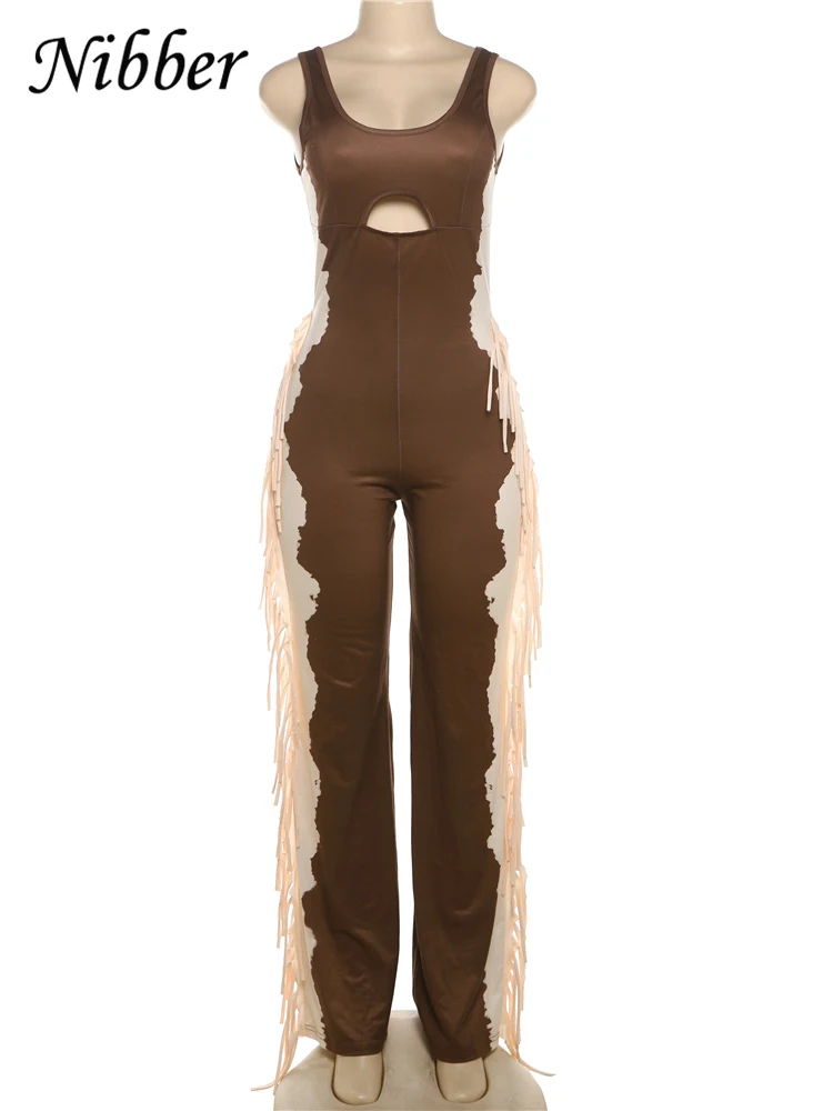 Nibber Chic Side Tassel Jumpsuit Women Sexy Hollow Contrast Stretch Summer Fashion Fit Sleeveless Elastic Workout Long Overalls - Image 6