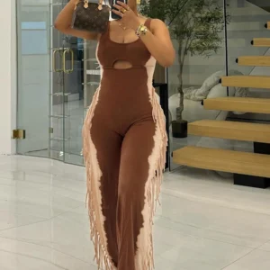 Nibber Chic Side Tassel Jumpsuit Women Sexy Hollow Contrast Stretch Summer Fashion Fit Sleeveless Elastic Workout Long Overalls